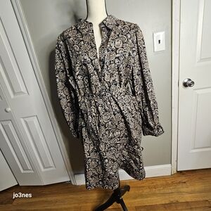 Women's Boden Mini Shift Shirt Dress Paisley Brown Black Size 14L Long Tall